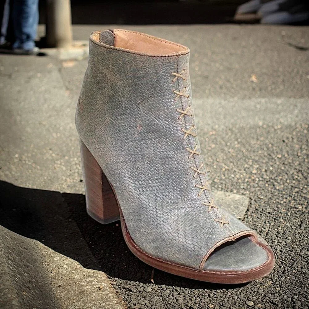 Bed Stu Onset Gray Washed Peep Toe Stacked Heel Bootie, 6.5